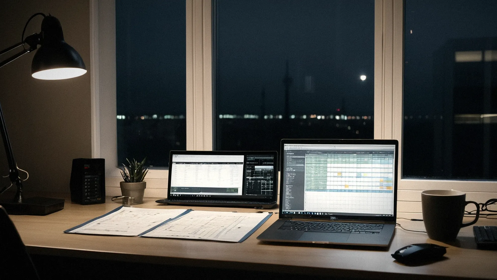 Operations-Arbeitsplatz bei Nacht mit Laptop, Monitoren, Plänen und Funkgerät