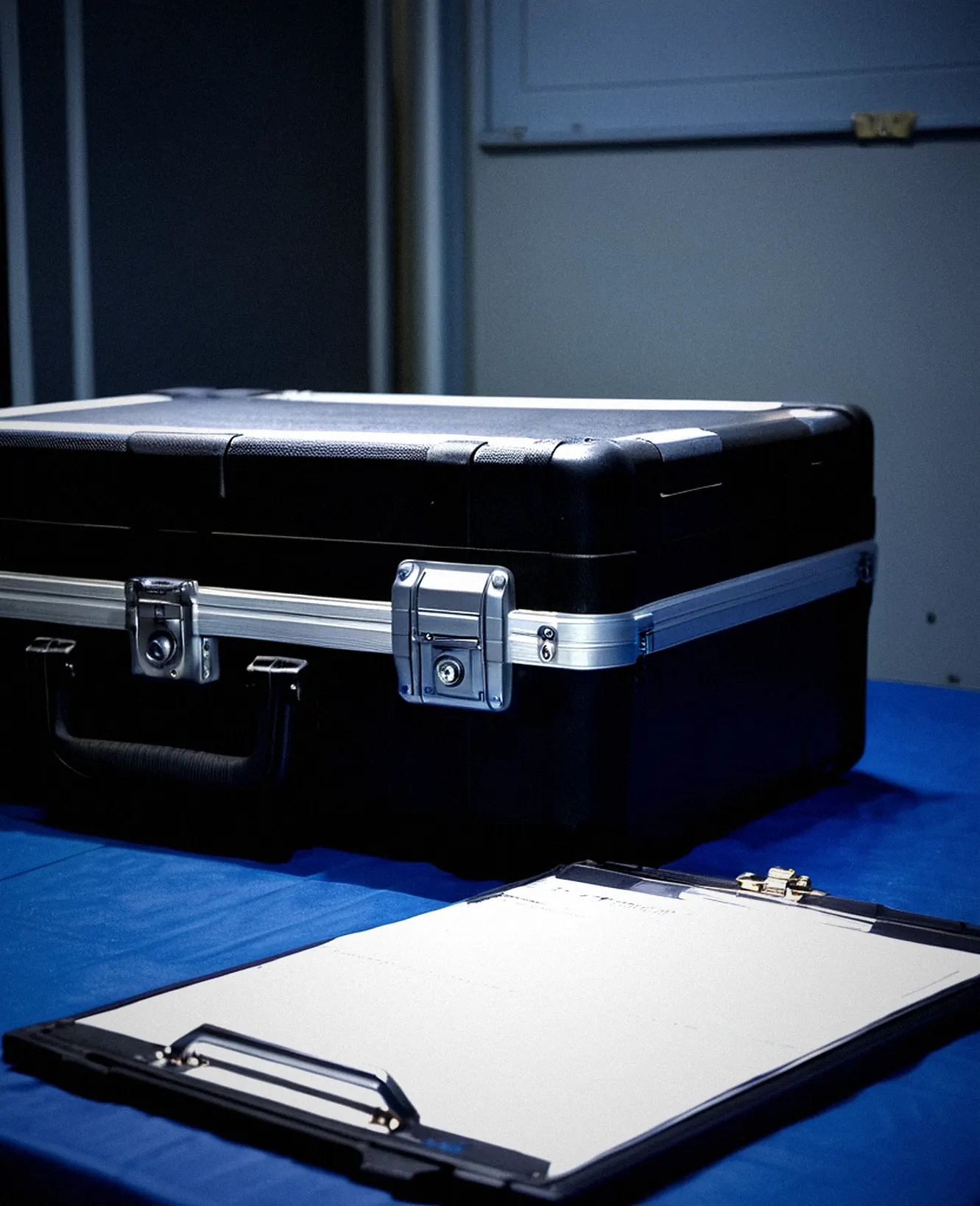 Flightcase mit Funkgerät, Gaffer-Tape und Klemmbrett im Backstage-Gang