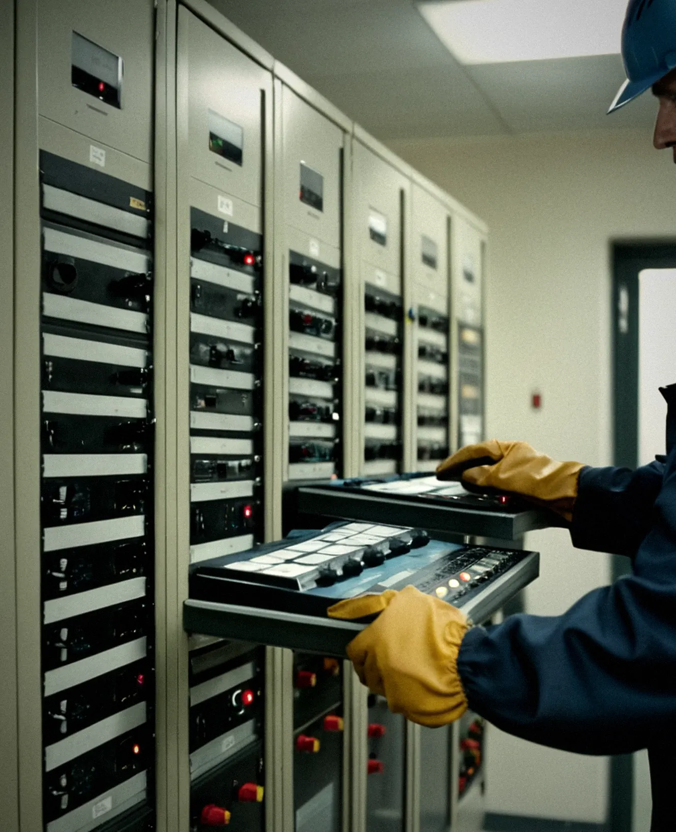 Hände eines Technikers an einem Schaltschrank der Gebäudetechnik