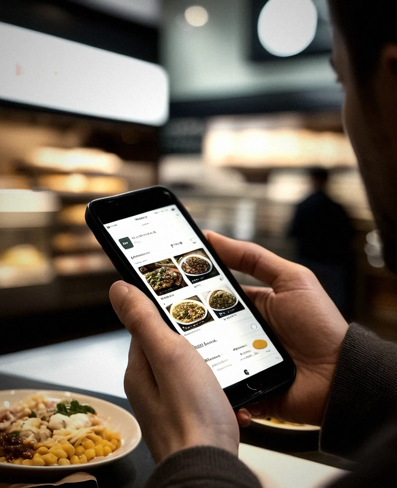 Haende halten ein Smartphone mit geoeffneter Bestellansicht, Food-Hall unscharf im Hintergrund