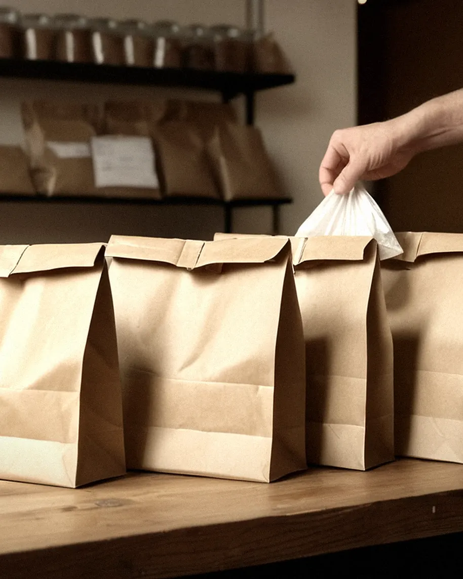 Abholtresen mit bereitstehenden Tueten und Tabletts, eine Hand stellt eine Bestellung bereit