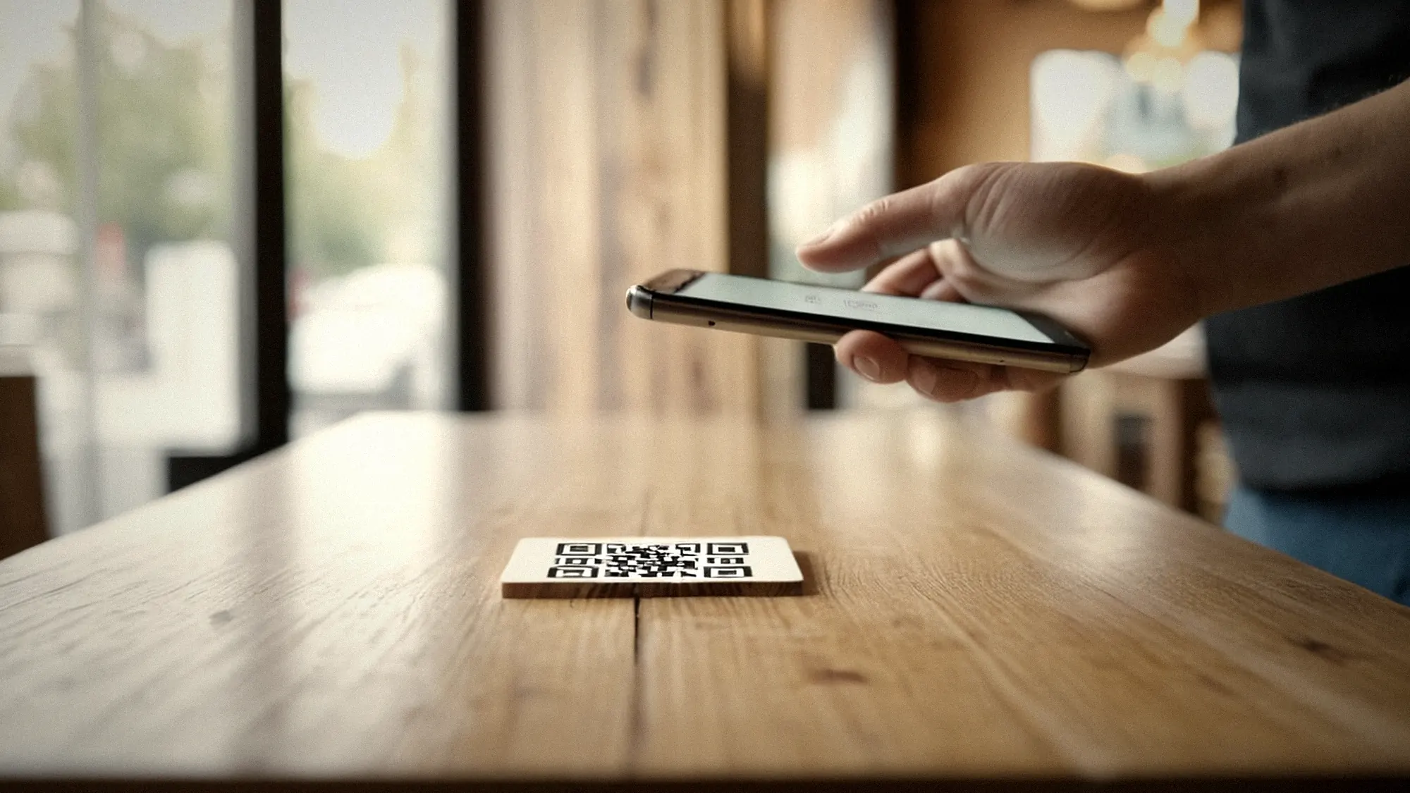 Hand scannt mit dem Smartphone einen QR-Code auf einem Tischaufsteller im Restaurant