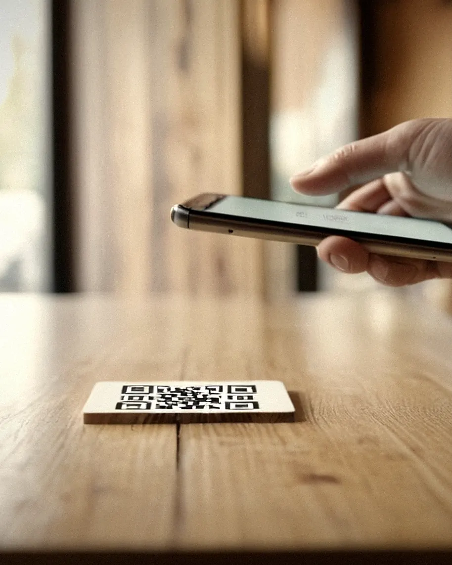 Hand scannt mit dem Smartphone einen QR-Code auf einem Tischaufsteller im Restaurant